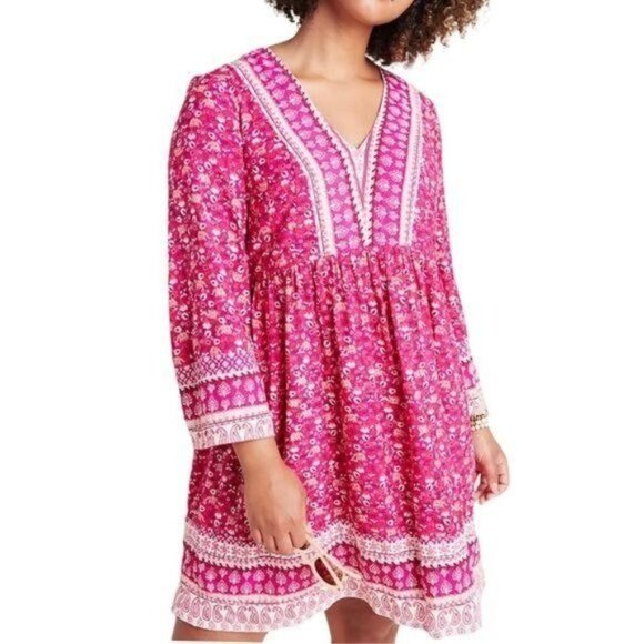 Anthropologie Maeve Isabel Embroidered Tunic Dress Pink Floral Size Small NWOT